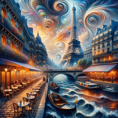 The primary subject of the image is a boat floating on a body of water, with a cityscape in the background. The boat is situated near a bridge and a restaurant. The setting includes a city with buildings, a river, and a bridge. The visual style of the image is a painting, which gives it a vibrant and artistic appearance. The colors and mood of the painting are lively and energetic, with a focus on the boat and the cityscape.